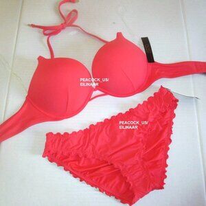 38DD/XL VICTORIA SECRET Bombshell Push Up Top Bikini +2 Cup Ruffle Cheeky Coral